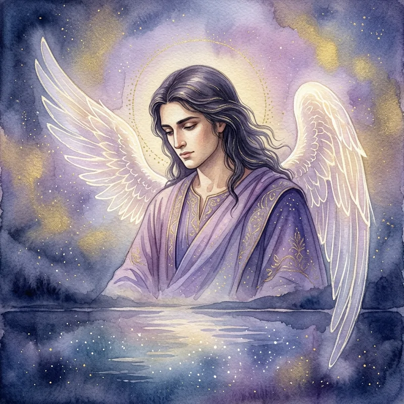 Archange Jérémiel, aquarelle : un ange aux cheveux sombres, en robe violette, au bord d'une eau étoilée sous un ciel de nuit