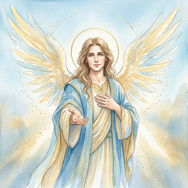 Archange Raguel, aquarelle : un ange aux cheveux dorés, en robe bleue et or, une main sur le cœur et l'autre tendue, baigné de lumière