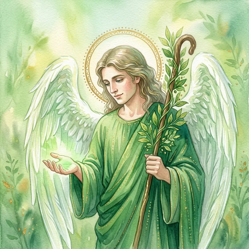 Archange Raphaël, aquarelle : un ange vêtu de vert, tenant un bâton de feuillage, une main ouverte diffusant une lueur verte